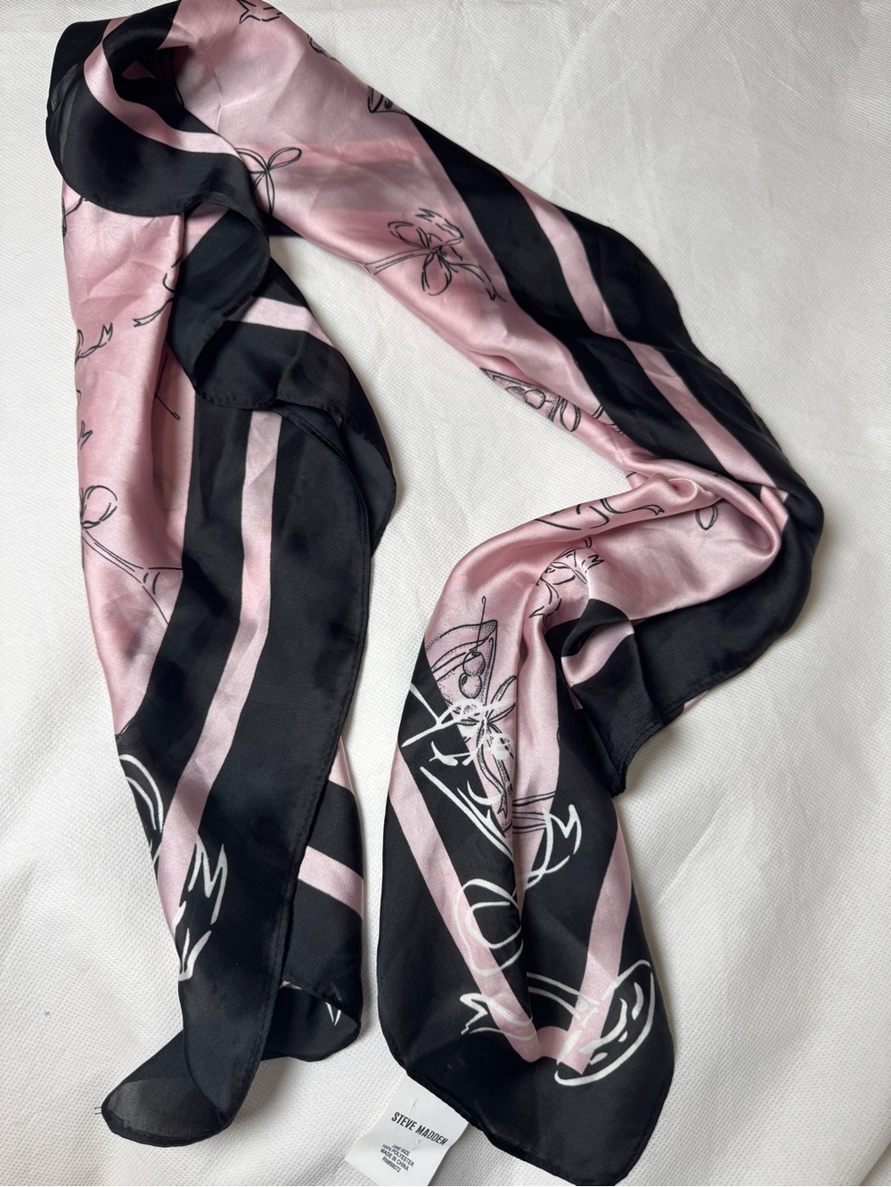 Steve Madden Pink & Black Floral Stripe Silk Scarf